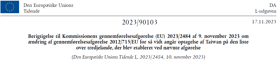 Eksempel på en berigtigelse med EU-Tidendes header i L-udgaven.