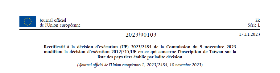 Titre de rectificatif avec le titre courant du Journal officiel, série L.